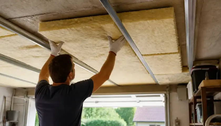 Un homme installe des panneaux isolants sur le plafond de son garage pour une meilleure isolation.