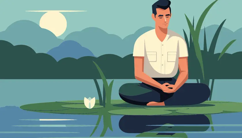 Mężczyzna medytuje na liściu lilii wodnej. Jak zacząć medytację mindfulness? Spokój natury inspiruje.