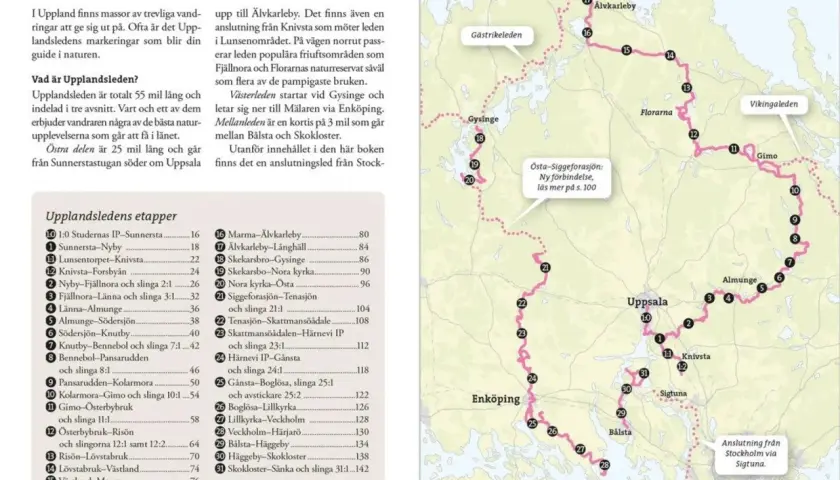 En karta över Upplandsleden med numrerade etapper och platser som Uppsala, Enköping och Stockholm.