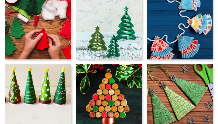 Manualidades de **árbol de Navidad con cajas** de cartón, fieltro y corchos. Decoraciones festivas para hacer en casa.