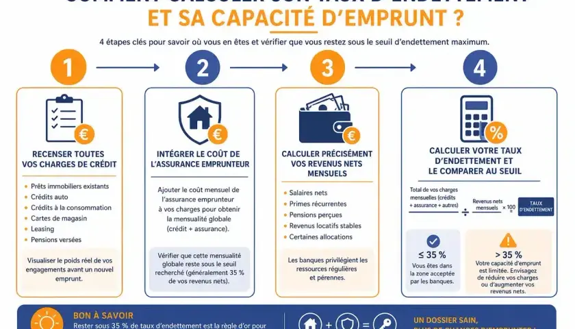 Infographie expliquant comment calculer son taux d'endettement. Quatre étapes : recenser ses charges, intégrer l'assurance, calculer ses revenus nets, puis comparer au seuil maximum de 35%.