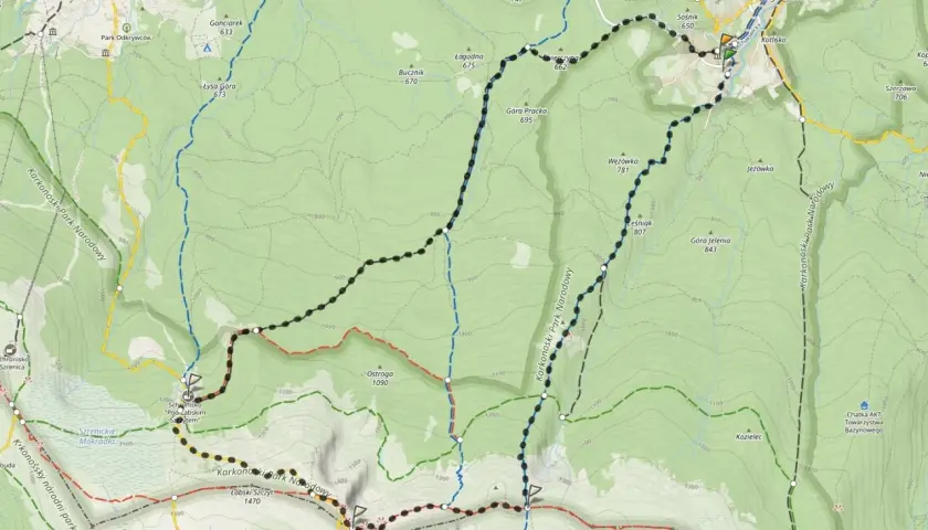Mapa Karkonoszy z zaznaczonymi szlakami. Widoczne schronisko "Poo-Zabskim tem" oraz szczyty takie jak Łysa Góra i Wielki Szyszak.