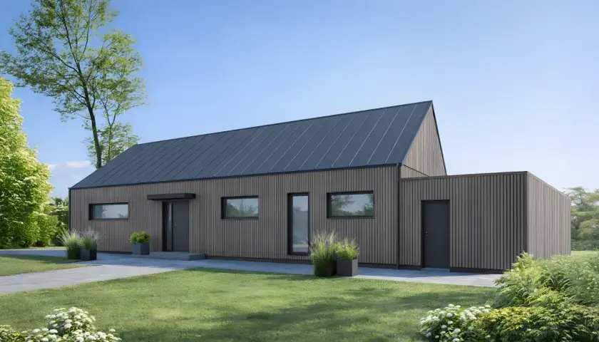 Nowoczesne domy 140 m2 z drewnianą elewacją i ciemnym dachem, otoczone zielenią.