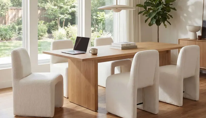 Modern dining room with a light wood table and plush cream chairs. A laptop and mug sit on the table, offering inspiration for how to choose dining chairs that blend comfort and style.