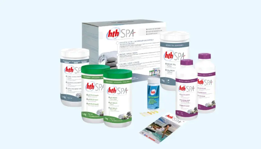 Produits hth SPA pour comment mettre les produits dans un spa : désinfectants, équilibreurs de pH, activateurs de brome, anti-écume et bandelettes de test.