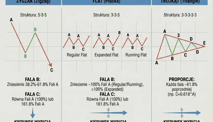Wykres przedstawia formacje falowe: zygzak, płaską i trójkąt. Analiza fali eliota pomaga przewidzieć kierunek wybicia.