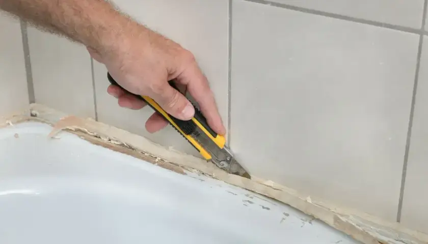 Ręka z nożem do tapet usuwa stary, pożółkły silikon z wanny.