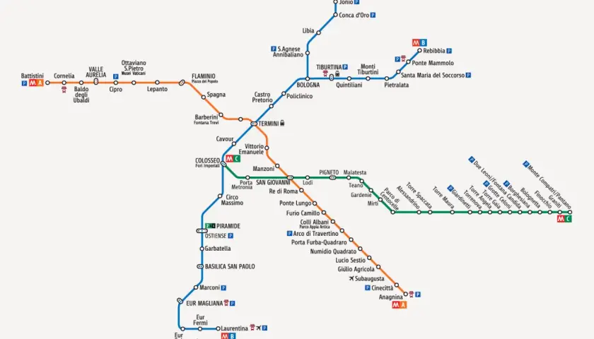 Mappa della metro di Roma: da Termini a San Paolo, con le linee A, B e B1 che collegano i punti nevralgici della città.