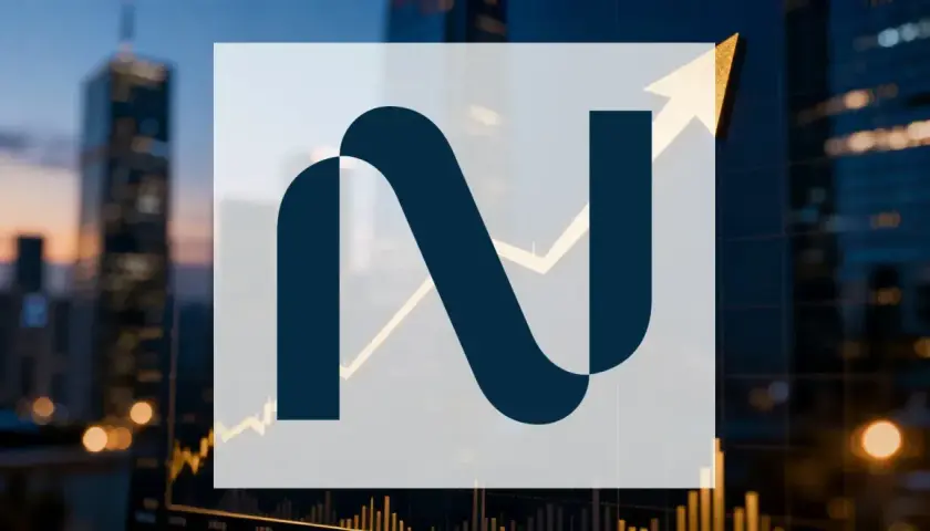 Das Nebius-Logo über einem steigenden Aktienchart vor einer nächtlichen Skyline.