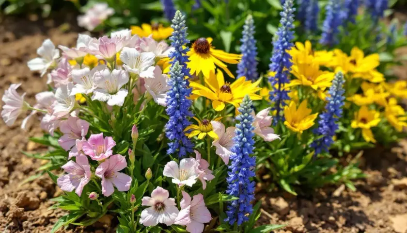 Un parterre coloré de plantes plein soleil sans arrosage : fleurs roses, blanches, jaunes et bleues s'épanouissent dans la terre sèche.