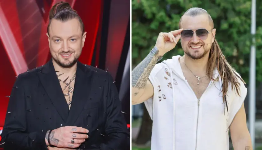 Alek Baron, znany z nietuzinkowego stylu, w czarnej marynarce z ćwiekami i w białej bluzie z kapturem. Jego wiek dodaje mu charyzmy.
