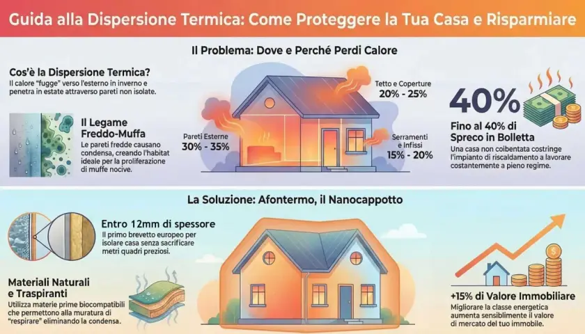 Illustrazione mostra come il calore fuoriesce da una casa, causando freddo in casa e sprechi. Soluzioni per isolare e aumentare il valore immobiliare.