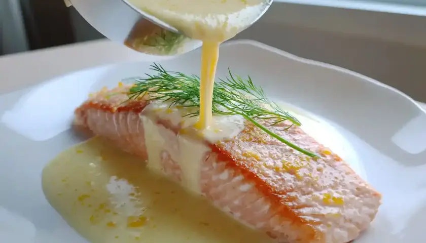 En saftig laxfilé serveras med en krämig citronsås till fisk och färsk dill.