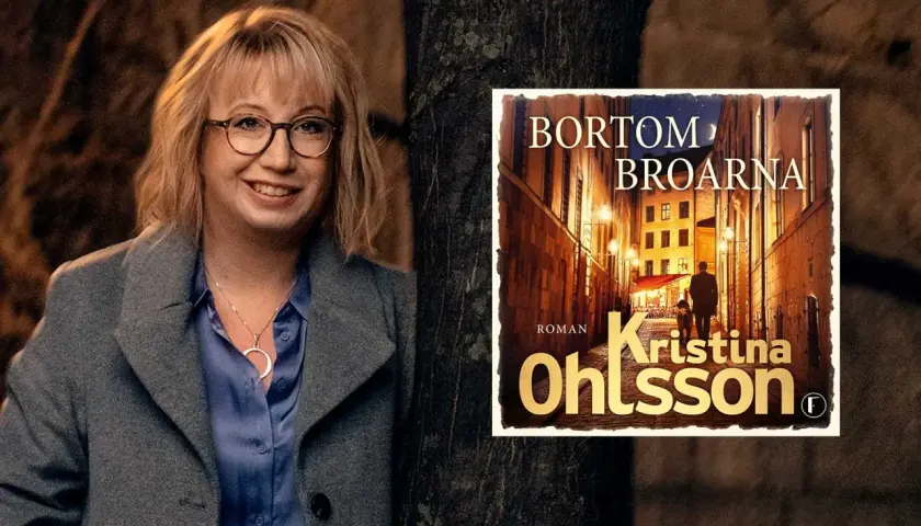 Kristina Ohlsson, författaren till senaste bok "Bortom broarna", poserar bredvid bokomslaget.