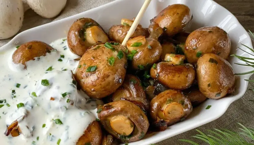 Gebratene Champignons mit cremiger Sauce und Schnittlauch – ein einfaches Gericht, das zu vielen Champignons Rezepten passt.