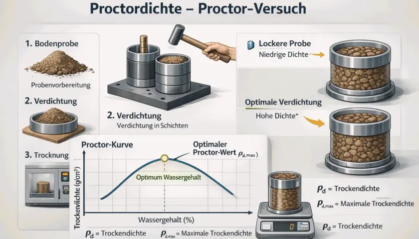Der Proctor-Versuch zeigt, wie sich die Verdichtung von proctor boden mit dem Wassergehalt ändert. Eine lockere Probe hat niedrige Dichte, optimale Verdichtung hohe Dichte.