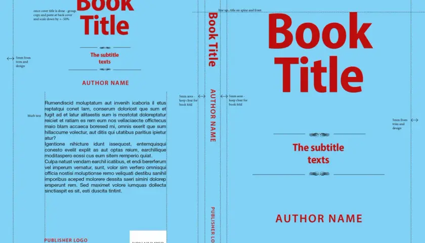 Première page d'un livre avec le titre "Book Title" en gros caractères rouges, un sous-titre et le nom de l'auteur.