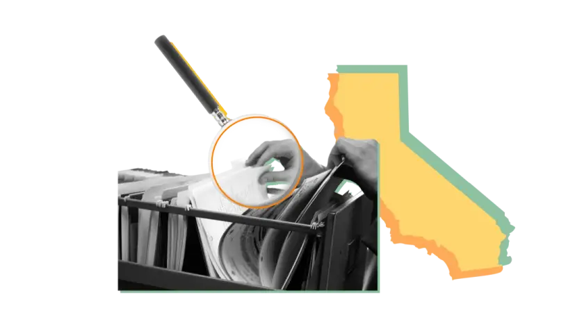A hand sifts through files under a magnifying glass, symbolizing the open and transparent meaning of California's government.