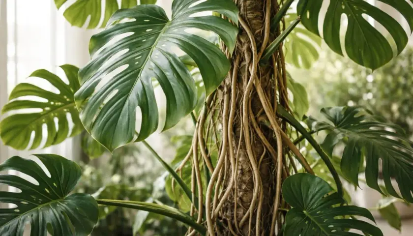 Monstera w naturze, z jej charakterystycznymi, dziurawymi liśćmi, oplata pień drzewa licznymi korzeniami powietrznymi.