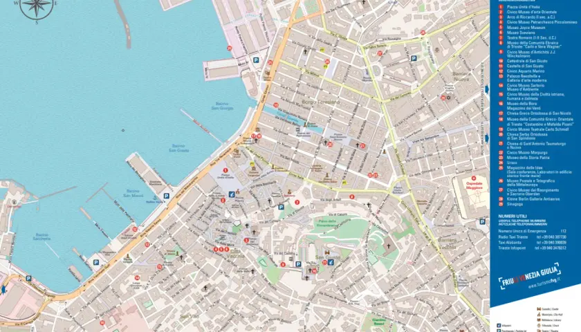 Mapa turystyczna Triestu z zaznaczonymi zabytkami i atrakcjami. Widać port, ulice i budynki. Idealna na wycieczkę na triest plaża.