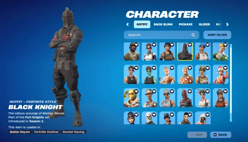 Czarna Wdowa Fortnite, czyli Czarny Rycerz, w pełnej zbroi. Wybierz go z menu postaci.