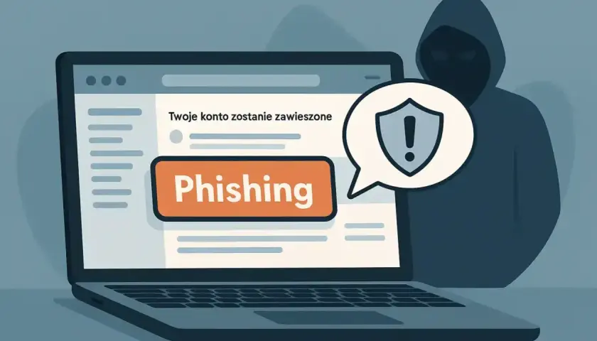 Sylwetka hakera w kapturze stoi za laptopem, na którego ekranie widnieje ostrzeżenie o **phishing** i zawieszeniu konta.