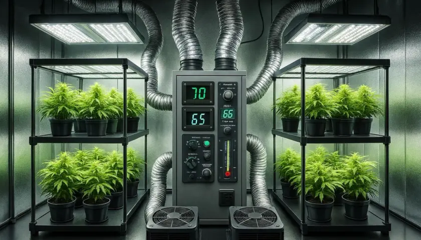 Un sistema di coltivazione indoor con piante di cannabis in vaso, illuminato da luci LED e controllato da un master controller centrale con display digitali.