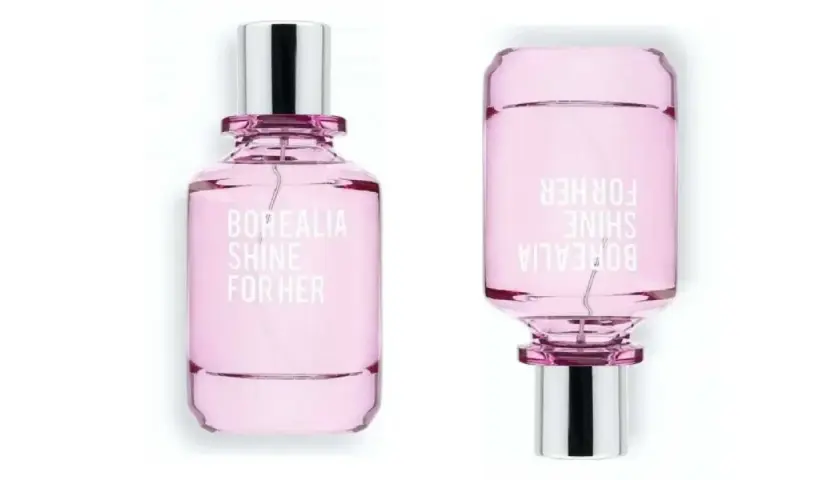 Dos frascos de perfume rosa "Borealia Shine For Her" de Mercadona, con tapas plateadas.