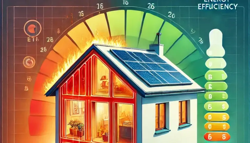 Dom z panelami słonecznymi i skalą efektywności energetycznej. Wysokie ceny energii motywują do inwestycji w zielone rozwiązania.