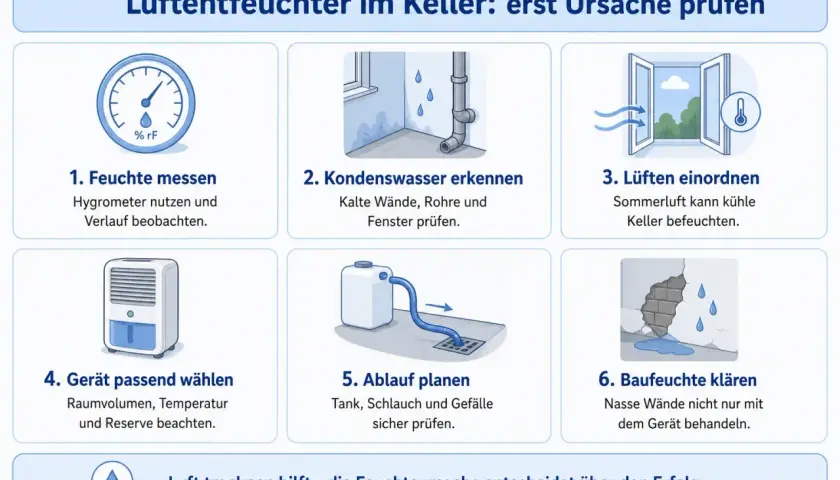 Infografik zeigt Schritte zur Ursachenfindung bei Kellerfeuchte, bevor ein Luftentfeuchter im Dauerbetrieb eingesetzt wird.