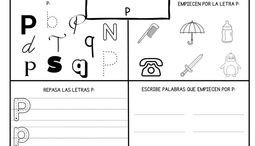 Hoja de actividades para niños con la letra P: rodea letras, colorea dibujos que empiezan por P, repasa la P y escribe palabras.