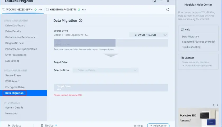 Samsung Magician: Datenmigration zum Klonen von Laufwerken. Wählen Sie Quell- und Ziellaufwerk für das Klonen.