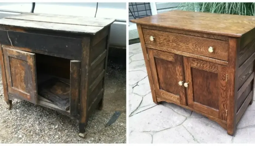 Credenza fai da te: prima e dopo. Un mobile in legno grezzo trasformato in un pezzo d'arredo elegante con finitura lucida e pomelli dorati.