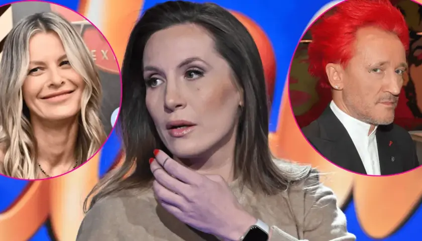 Trzy portrety: kobi z blond włosami, kobi z ciemnymi włosami i mężczyzna z czerwonymi włosami. Czy to pola wiśniewska były mąż?