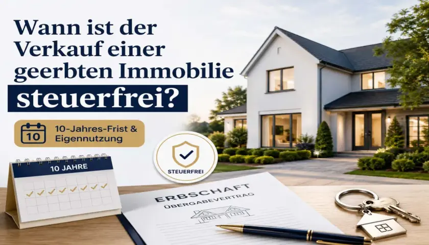 Ein Haus, Schlüssel und ein Übergabevertrag liegen auf einem Tisch. Die Frage "Wann ist der Verkauf einer geerbten Immobilie steuerfrei?" wird thematisiert, mit Hinweisen zu 10-Jahres-Frist und Eigennutzung.