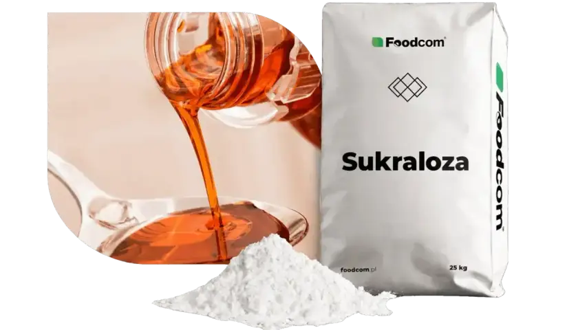 Płynna i proszkowa sukraloza obok worka z napisem "Sukraloza". Czy sukraloza jest zdrowa?