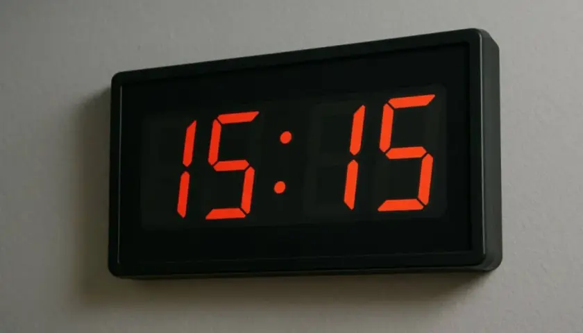 Zegar cyfrowy pokazuje godzinę 15:15. To idealny moment na przerwę, a 1515 znaczenie może być symbolem równowagi i harmonii.