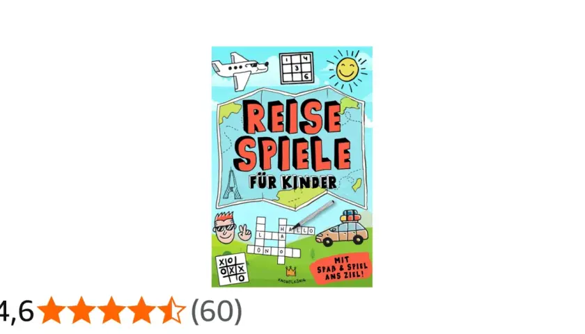 Buntes Cover mit "Reisespiele für Kinder", Flugzeug, Auto, Rätseln und Sonne. Perfekt für unterwegs!
