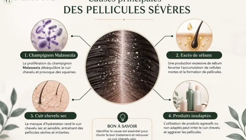 Causes des pellicules sévères : champignon Malassezia, excès de sébum, cuir chevelu sec, produits inadaptés. Identifier la cause est essentiel pour savoir pourquoi j'ai des pellicules.