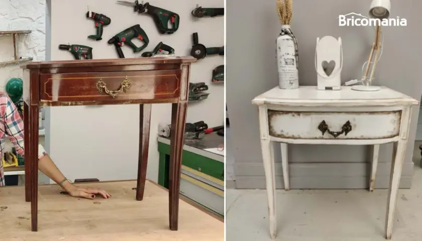 Mesa antigua antes y después de barnizar muebles antiguos. El mueble pasa de madera oscura a blanco desgastado.