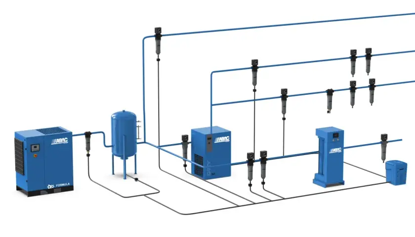 Sistema de aire comprimido ABAC con compresor, secador, depósito y filtros. Soluciones eficientes para tu industria.
