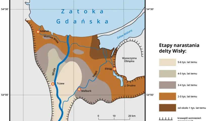 Mapa przedstawia etapy narastania delty Wisły, ukazując rozwój Żuław Wiślanych od 6 tys. lat temu do dziś.