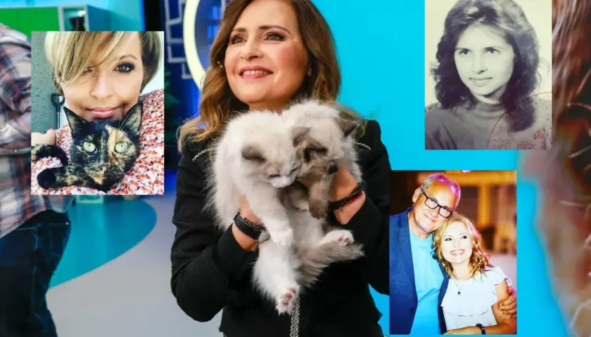 Agnieszka Gozdyra z mężem i dziećmi, w tym z kotami. Na zdjęciu jej mąż, ona sama w różnym wieku, oraz koty.