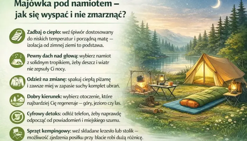 Nocleg pod namiotem: ciepły śpiwór, pewny dach, suche ubrania i cyfrowy detoks to klucz do udanej majówki. Unikaj błędów, by nie zmarznąć!
