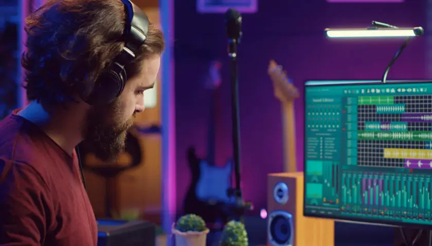 Mann mit Kopfhörern am Computer, der an Musik-Mixing-Tipps arbeitet. Auf dem Bildschirm ist eine digitale Audio-Workstation zu sehen.