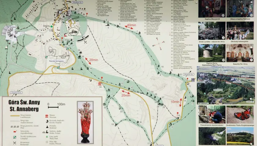 Mapa Góry Św. Anny z zaznaczonymi kaplicami, drogami i zabytkami.