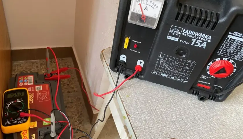 Prostownik pokazuje niski prąd ładowania, gdy akumulator jest rozładowany. Woltomierz wskazuje 1.55V.