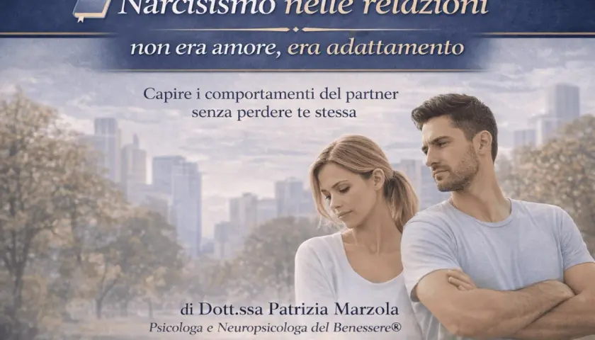 Coppia con espressioni tese, suggerisce una **relazione con un narcisista**. Titolo: "Narcisismo nelle relazioni: non era amore, era adattamento".