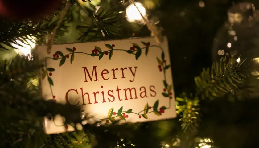 Un cartello appeso all'albero di Natale con la scritta "Merry Christmas" in inglese, circondato da lucine e rami.