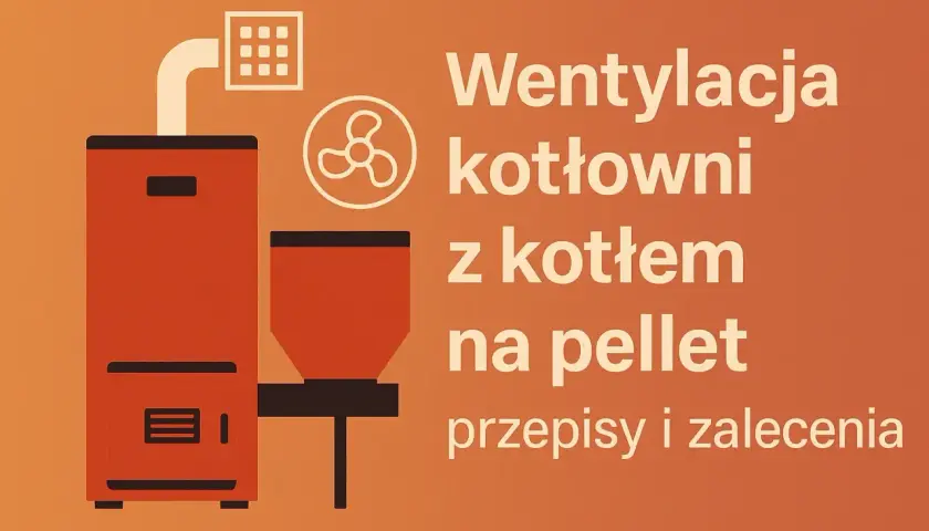 Grafika przedstawia kocioł na pellet i wentylator, symbolizujące wentylację kotłowni na pellet.